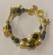 Load image into Gallery viewer, Exotic Kyanite and White Cultured Pearl Gemstone Tibetan Double Wrap Bracelet with Evil Eye Charms