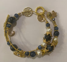 Load image into Gallery viewer, Exotic Kyanite and White Cultured Pearl Gemstone Tibetan Double Wrap Bracelet with Evil Eye Charms