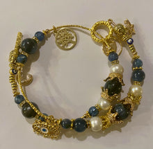 Load image into Gallery viewer, Exotic Kyanite and White Cultured Pearl Gemstone Tibetan Double Wrap Bracelet with Evil Eye Charms