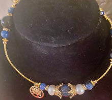 Load image into Gallery viewer, Exotic Kyanite and White Cultured Pearl Gemstone Tibetan Double Wrap Bracelet with Evil Eye Charms