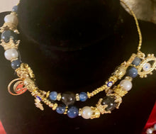 Load image into Gallery viewer, Exotic Kyanite and White Cultured Pearl Gemstone Tibetan Double Wrap Bracelet with Evil Eye Charms