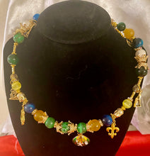 Load image into Gallery viewer, Exotic Yellow, Blue & Green Tiger Eye, Agate & Pearl Gemstone Double Wrap Bracelet with Egyptian Charms