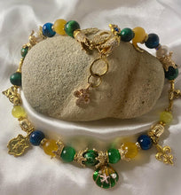 Load image into Gallery viewer, Exotic Yellow, Blue & Green Tiger Eye, Agate & Pearl Gemstone Double Wrap Bracelet with Egyptian Charms