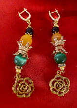 Load image into Gallery viewer, Exotic Green & Yellow-Orange Cat Eye Quartz & Green Agate Gemstone Earrings with Rose Charm