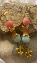 Load image into Gallery viewer, Pink Agate & Light Blue Angelite Gemstone Tibetan Dangle Earrings Fleur De Lis Charm