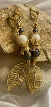 Load image into Gallery viewer, Exotic Black & White Cultured Pearl Gemstone Dangle Earrings with Leaf Charm
