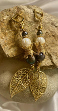 Load image into Gallery viewer, Exotic Black & White Cultured Pearl Gemstone Dangle Earrings with Leaf Charm