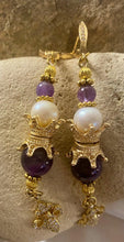 Load image into Gallery viewer, Exotic Amethyst & Pearl Gemstone Tibetan Dangle Earrings