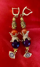 Load image into Gallery viewer, Amethyst and Orange Cat Eye Quartz Gemstone Tibetan Dangle Earrings