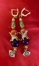 Load image into Gallery viewer, Amethyst and Orange Cat Eye Quartz Gemstone Tibetan Dangle Earrings