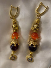Load image into Gallery viewer, Amethyst and Orange Cat Eye Quartz Gemstone Tibetan Dangle Earrings