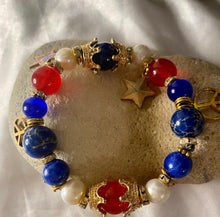 Load image into Gallery viewer, Exotic Blue & Red Agate White Pearl Gemstone American Flag Stretch Bracelet