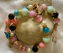 Load image into Gallery viewer, Exotic Pink Tiger Eye Pearl & Agate Gemstone Tibetan Double Wrap Bracelet, Alice in Wonderland Charms
