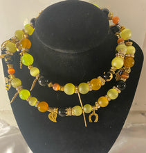 Load image into Gallery viewer, Light Green, Yellow Tiger Eye,  Orange Agate  & Black Obsidian Gemstone Tibetan Triple Wrap Bracelet