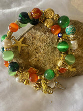Load image into Gallery viewer, Exotic Green, Orange Tiger Eye Agate & Pearl Gemstone Tibetan Double Wrap Bracelet, Fish Marine Charms