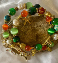 Load image into Gallery viewer, Exotic Green, Orange Tiger Eye Agate & Pearl Gemstone Tibetan Double Wrap Bracelet, Fish Marine Charms