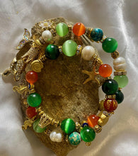 Load image into Gallery viewer, Exotic Green, Orange Tiger Eye Agate & Pearl Gemstone Tibetan Double Wrap Bracelet, Fish Marine Charms