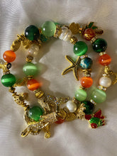 Load image into Gallery viewer, Exotic Green, Orange Tiger Eye Agate & Pearl Gemstone Tibetan Double Wrap Bracelet, Fish Marine Charms