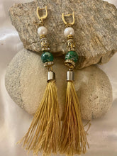 Load image into Gallery viewer, Exotic Green Jasper Gemstone Tibetan Style Dangle Earrings with Silk Tassels