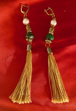 Load image into Gallery viewer, Exotic Green Jasper Gemstone Tibetan Style Dangle Earrings with Silk Tassels