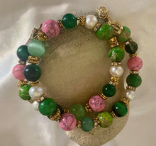 Load image into Gallery viewer, Exotic Pink & Green Jasper, Green Agate & Cultured Pearl Gemstone Tibetan Double Wrap Bracelet