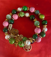 Load image into Gallery viewer, Exotic Pink & Green Jasper, Green Agate & Cultured Pearl Gemstone Tibetan Double Wrap Bracelet