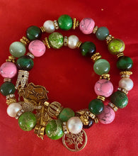 Load image into Gallery viewer, Exotic Pink & Green Jasper, Green Agate & Cultured Pearl Gemstone Tibetan Double Wrap Bracelet