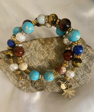 Load image into Gallery viewer, Exotic Turquoise, Tiger Eye & Pearl Gemstone Double Wrap Bracelet