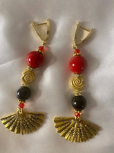 Load image into Gallery viewer, Exotic Red Jasper and Black Agate Gemstone Dangle Earrings with Fan Charm