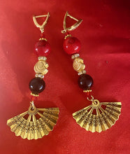 Load image into Gallery viewer, Exotic Red Jasper and Black Agate Gemstone Dangle Earrings with Fan Charm