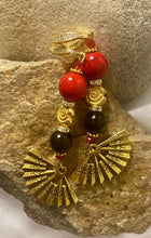 Load image into Gallery viewer, Exotic Red Jasper and Black Agate Gemstone Dangle Earrings with Fan Charm