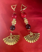 Load image into Gallery viewer, Exotic Red Jasper and Black Agate Gemstone Dangle Earrings with Fan Charm