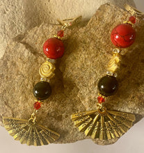 Load image into Gallery viewer, Exotic Red Jasper and Black Agate Gemstone Dangle Earrings with Fan Charm