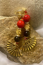 Load image into Gallery viewer, Exotic Red Jasper and Black Agate Gemstone Dangle Earrings with Fan Charm