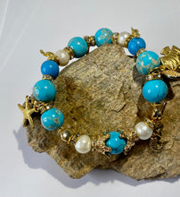 Load image into Gallery viewer, Exotic Turquoise Jasper & White Cultured Pearl Stretch Bracelet with Marine Charms