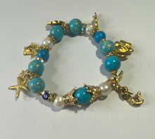 Load image into Gallery viewer, Exotic Turquoise Jasper & White Cultured Pearl Stretch Bracelet with Marine Charms