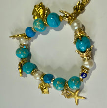 Load image into Gallery viewer, Exotic Turquoise Jasper & White Cultured Pearl Stretch Bracelet with Marine Charms