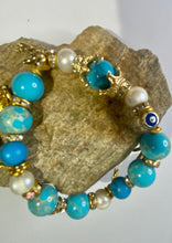 Load image into Gallery viewer, Exotic Turquoise Jasper & White Cultured Pearl Stretch Bracelet with Marine Charms