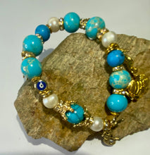 Load image into Gallery viewer, Exotic Turquoise Jasper & White Cultured Pearl Stretch Bracelet with Marine Charms
