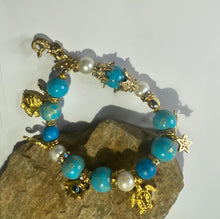 Load image into Gallery viewer, Exotic Turquoise Jasper & White Cultured Pearl Stretch Bracelet with Marine Charms