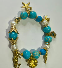 Load image into Gallery viewer, Exotic Turquoise Jasper & White Cultured Pearl Stretch Bracelet with Marine Charms
