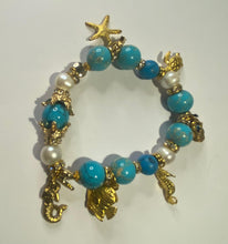 Load image into Gallery viewer, Exotic Turquoise Jasper & White Cultured Pearl Stretch Bracelet with Marine Charms