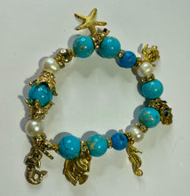 Load image into Gallery viewer, Exotic Turquoise Jasper & White Cultured Pearl Stretch Bracelet with Marine Charms
