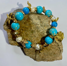 Load image into Gallery viewer, Exotic Turquoise Jasper & White Cultured Pearl Stretch Bracelet with Marine Charms