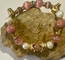 Load image into Gallery viewer, Exotic Pearl Pink Cat Eye Quartz & Rhodonite Gemstone Stretch Bracelet with Charms