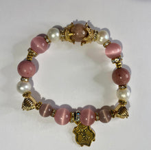 Load image into Gallery viewer, Exotic Pearl Pink Cat Eye Quartz & Rhodonite Gemstone Stretch Bracelet with Charms