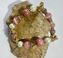 Load image into Gallery viewer, Exotic Pearl Pink Cat Eye Quartz & Rhodonite Gemstone Stretch Bracelet with Charms