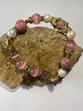Load image into Gallery viewer, Exotic Pearl Pink Cat Eye Quartz & Rhodonite Gemstone Stretch Bracelet with Charms