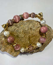 Load image into Gallery viewer, Exotic Pearl Pink Cat Eye Quartz & Rhodonite Gemstone Stretch Bracelet with Charms