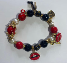 Load image into Gallery viewer, Exotic Red Jasper Black Agate and White Cultured Pearls Gemstone Stretch Bracelet